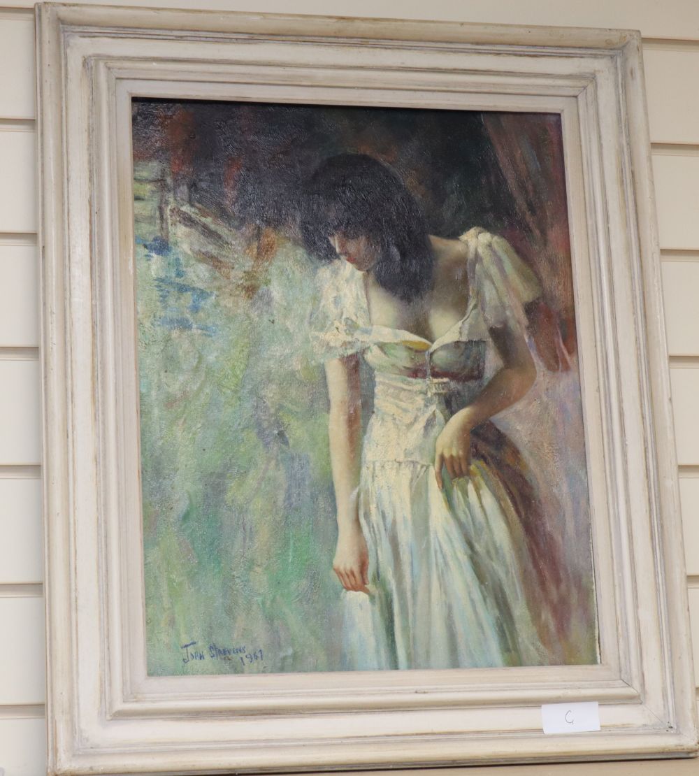 John Strevens (1902-1990), oil on canvas laid on board, Portrait of a young woman, signed and dated 1967, 50 x 39cm
